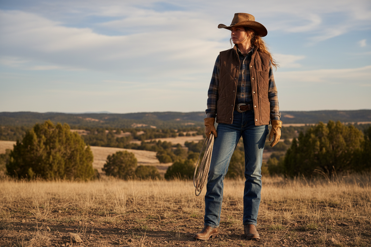 Woman in classic ranch western style layered practical clothing with cowboy hat and boots